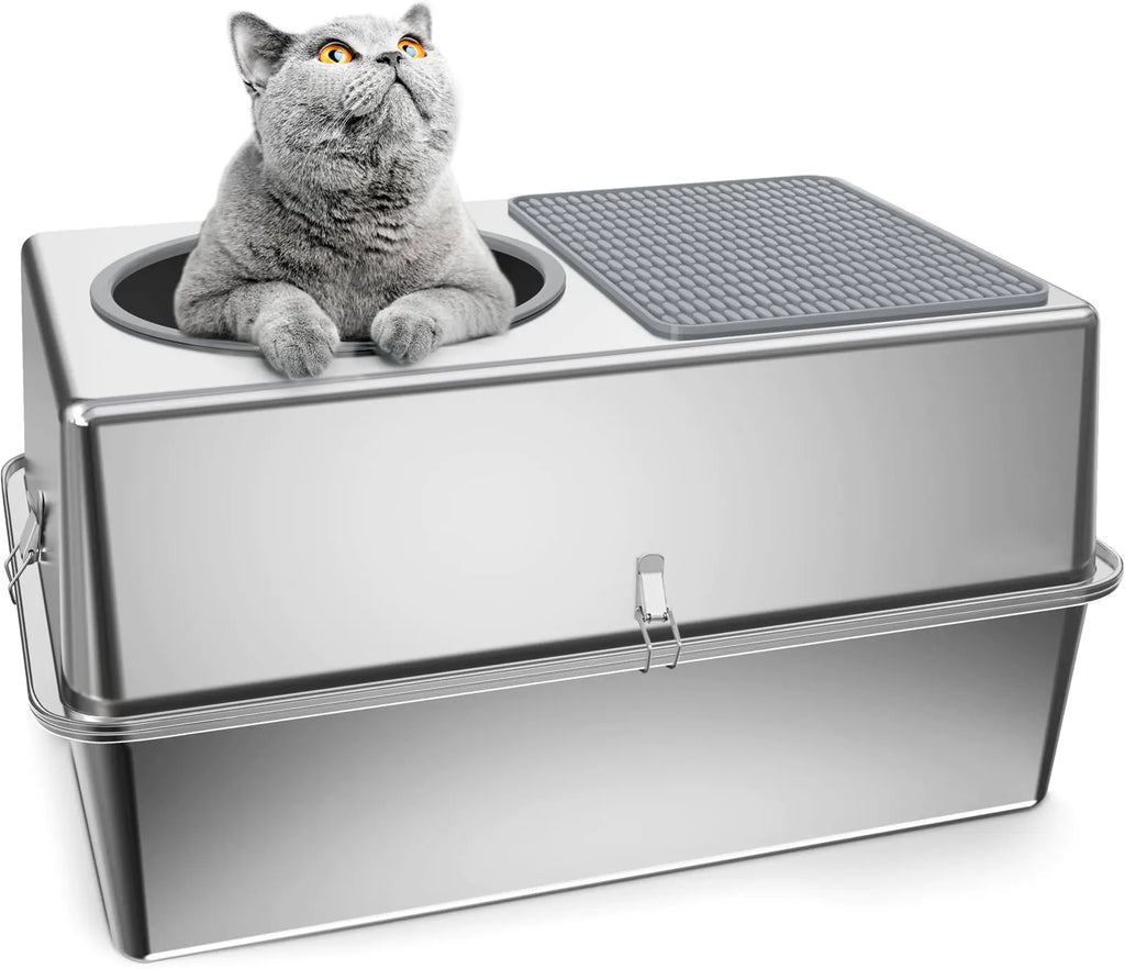 Stainless Steel Cat Litter Box - Entirely Metal Top Entry Litter Box for Big Cats - XXL All Stainless Steel Litter Box -Enclosed Kitty Litter Box with LidRugged & Easy to Clean & Odor Free