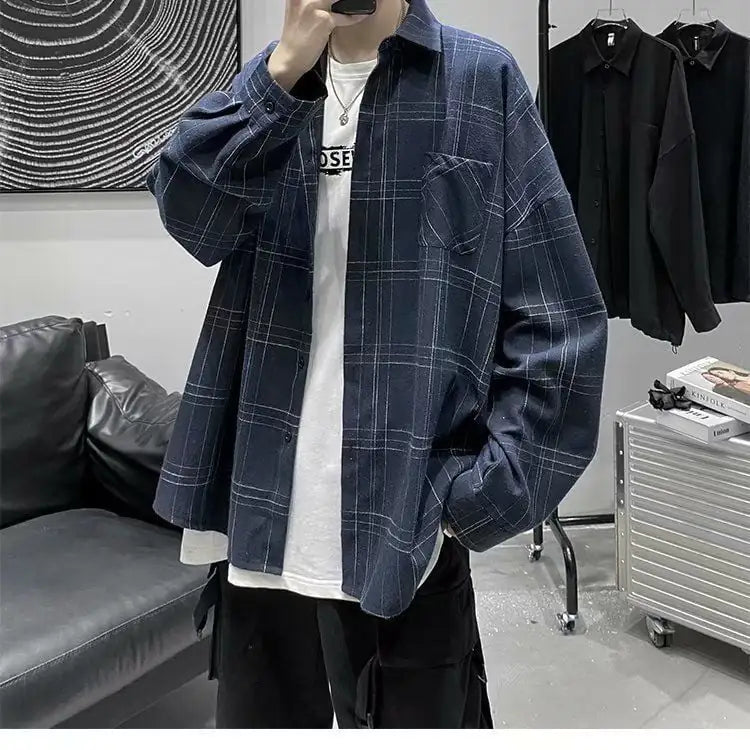 Men's Loose Fit Plaid Long-sleeve Jacket Shirt