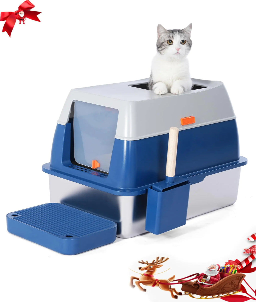Enclosed Stainless Steel Litter Box with High Sides Top Entry Jumbo Cat Litter Box with Lid Covered Metal Extra Large Litter Box for Big Cats Durable Anti Leakage Odorless Non-Sticky FOXORU