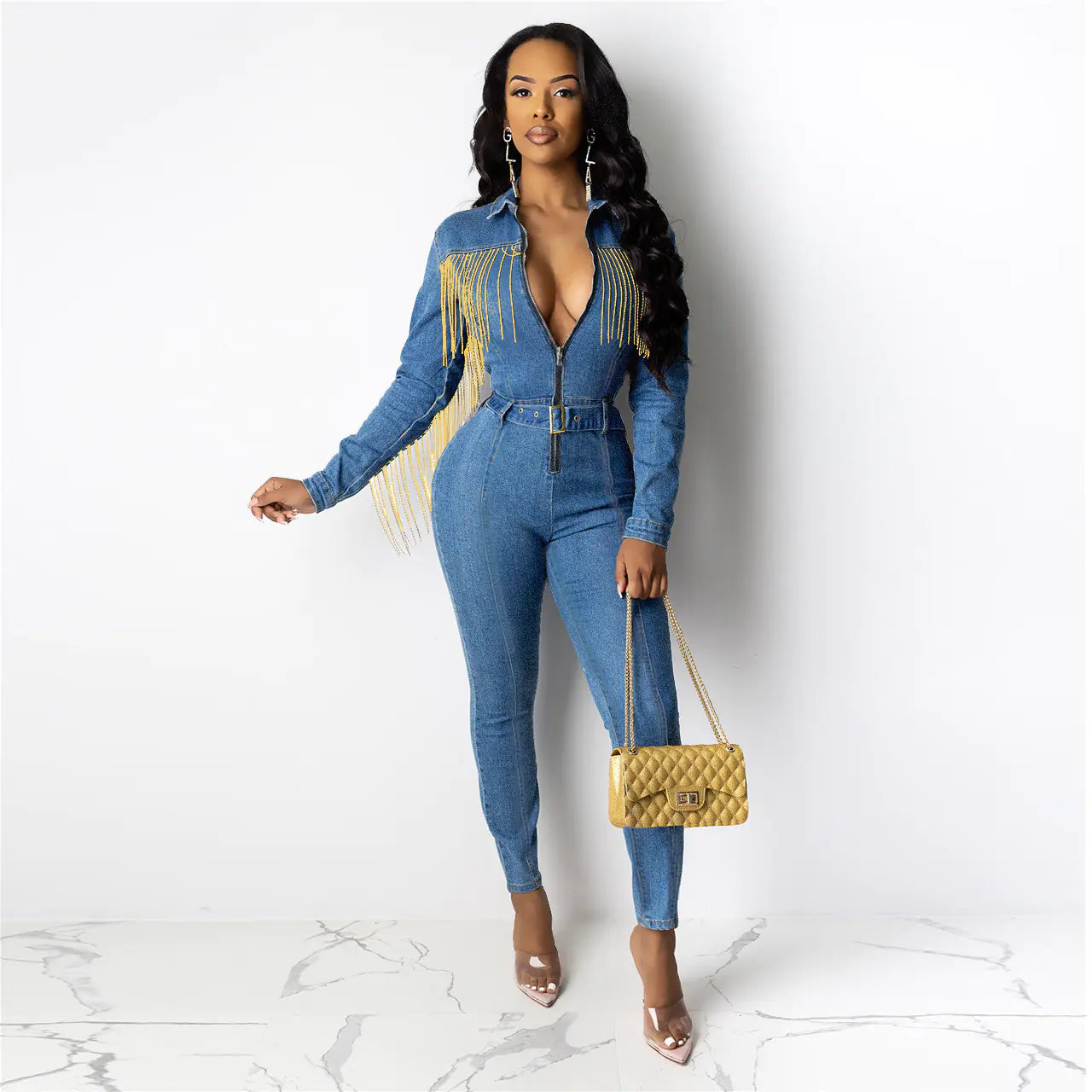 NK060 Women's Fringe Denim Jumpsuit (Popular Style)
