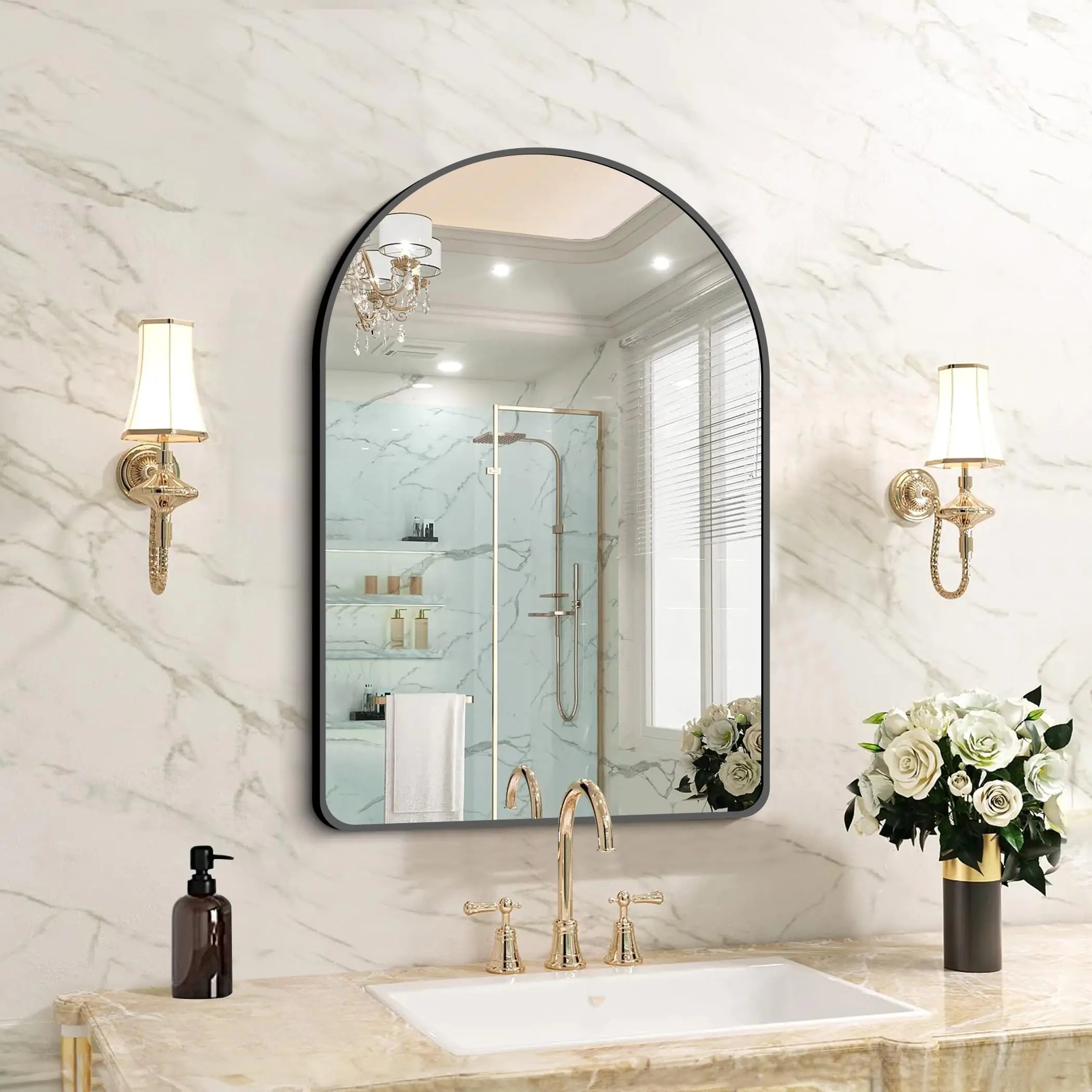 FORBATH Arched Bathroom Mirror 20x28 Inch Bathroom Mirror Wall Mounted Modern Black Aluminum Alloy Frame Decor Dresser Mirror for Bedroom Living Room Entryway Hanging or Leaning Against Wall
