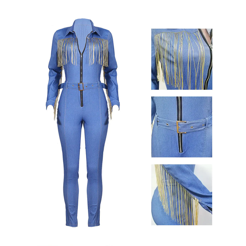 NK060 Women's Fringe Denim Jumpsuit (Popular Style)
