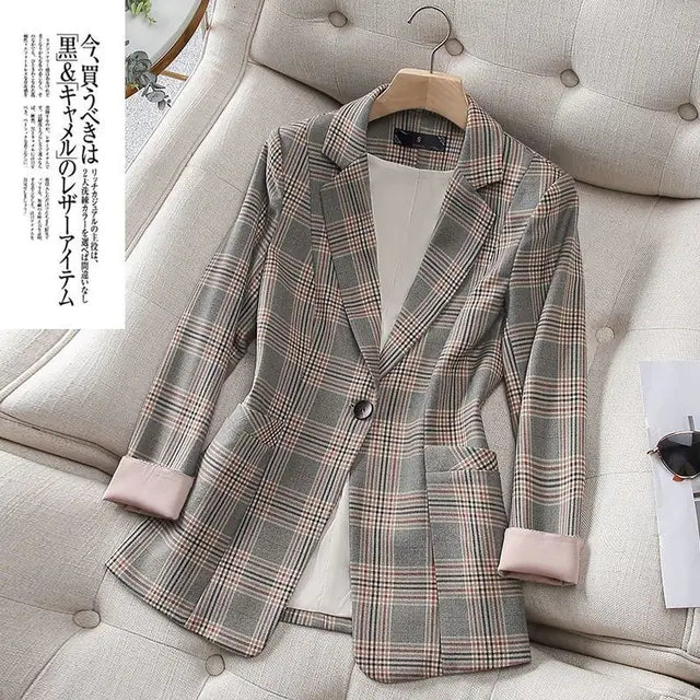 Vintage Plaid Long Jacket for Women - Slim Fit Fashion