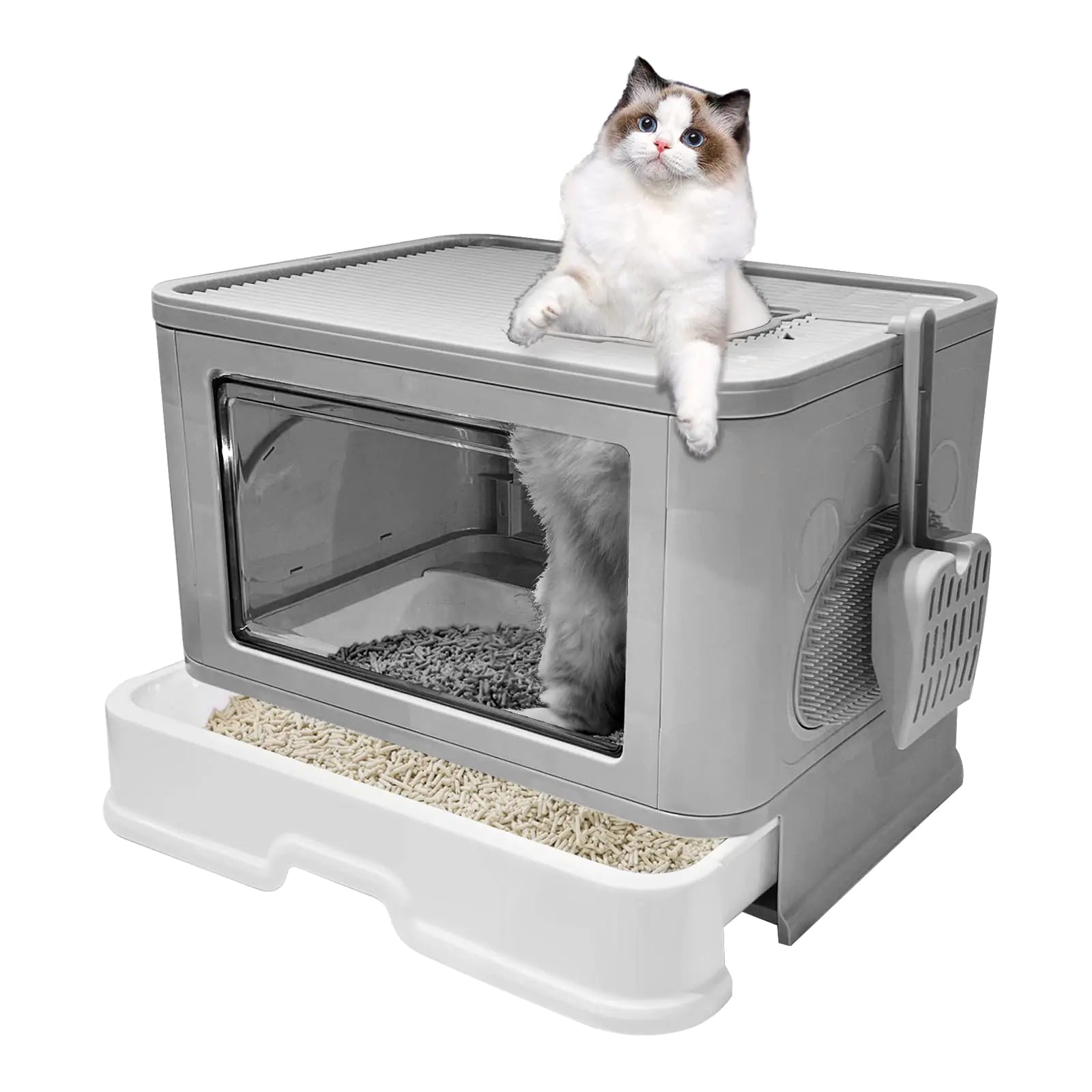 Kattypet Foldable Cat Litter Box Enclosed Kitty Litter Box Top Entry Anti-Splashing Cat Toilet Easy to Clean Extra Large Covered Cat Litter Box with Litter Bursh and Scoop (Gary)