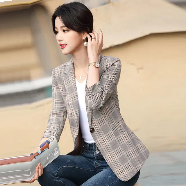 Vintage Plaid Long Jacket for Women - Slim Fit Fashion
