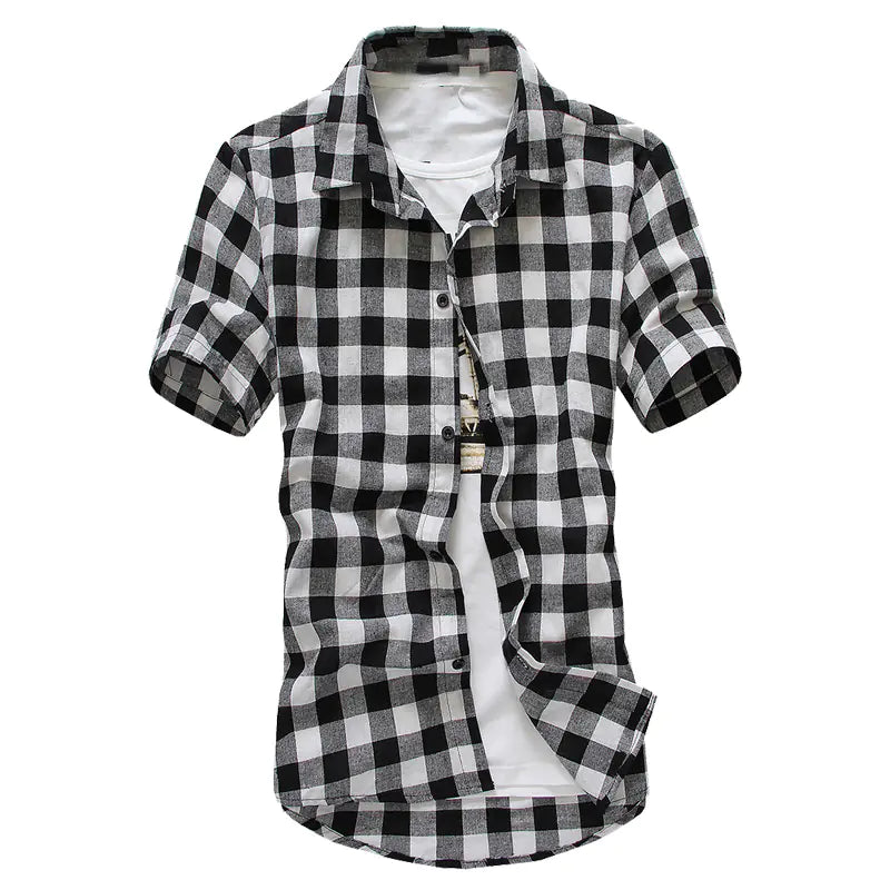 Men's Slim Fit Plaid Short-Sleeve Casual Shirt