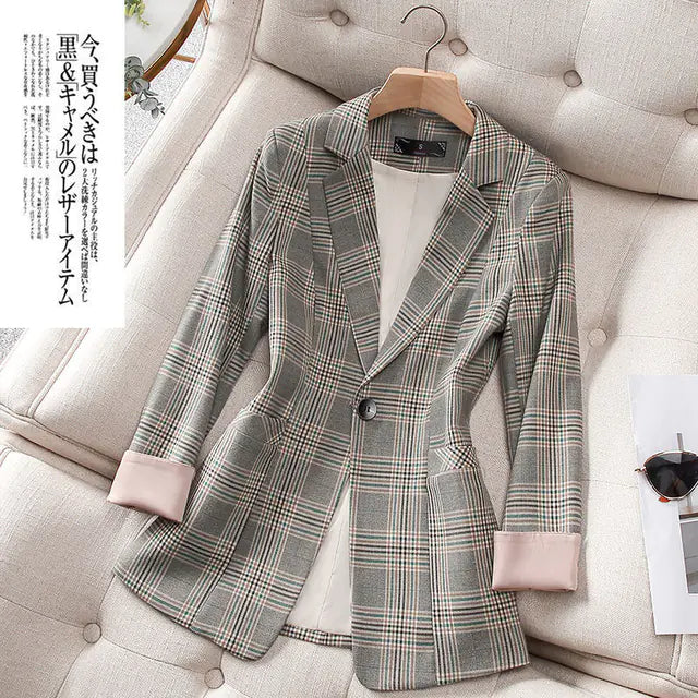 Vintage Plaid Long Jacket for Women - Slim Fit Fashion
