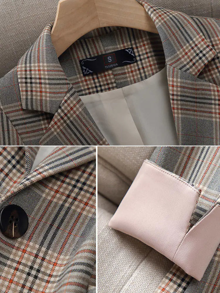 Vintage Plaid Long Jacket for Women - Slim Fit Fashion