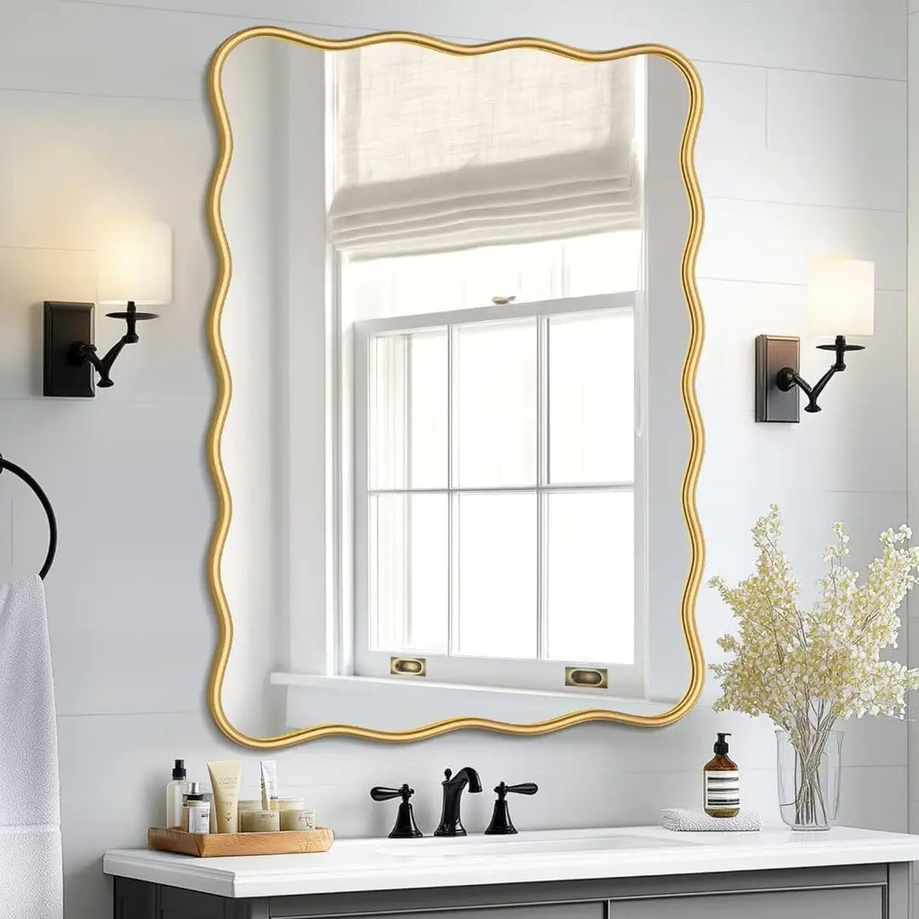 PROHOMEWARE 24 * 36" Black Bathroom Mirror for WallWavy Rectangular MirrorVanity MirrorBathroom Mirrors for WallWall-Mounted Metal Frame Mirror for Bedroom Entryway Living Room Farmhouse (Black)
