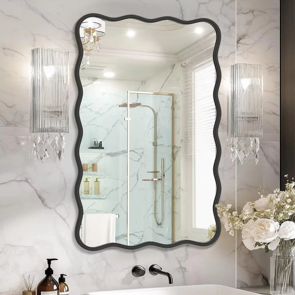 PROHOMEWARE 24 * 36" Black Bathroom Mirror for WallWavy Rectangular MirrorVanity MirrorBathroom Mirrors for WallWall-Mounted Metal Frame Mirror for Bedroom Entryway Living Room Farmhouse (Black)