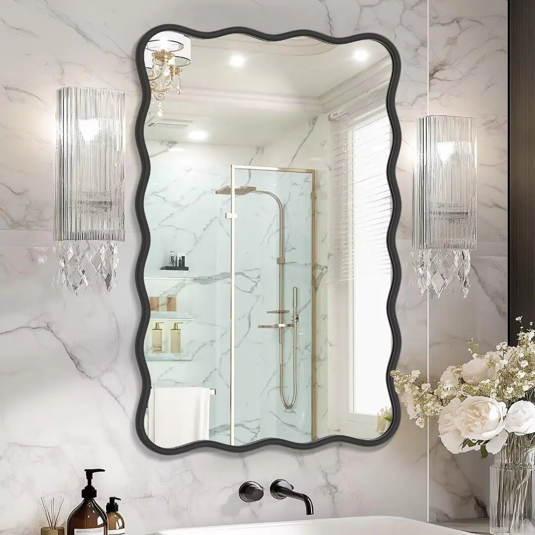 PROHOMEWARE 24 * 36" Black Bathroom Mirror for WallWavy Rectangular MirrorVanity MirrorBathroom Mirrors for WallWall-Mounted Metal Frame Mirror for Bedroom Entryway Living Room Farmhouse (Black)