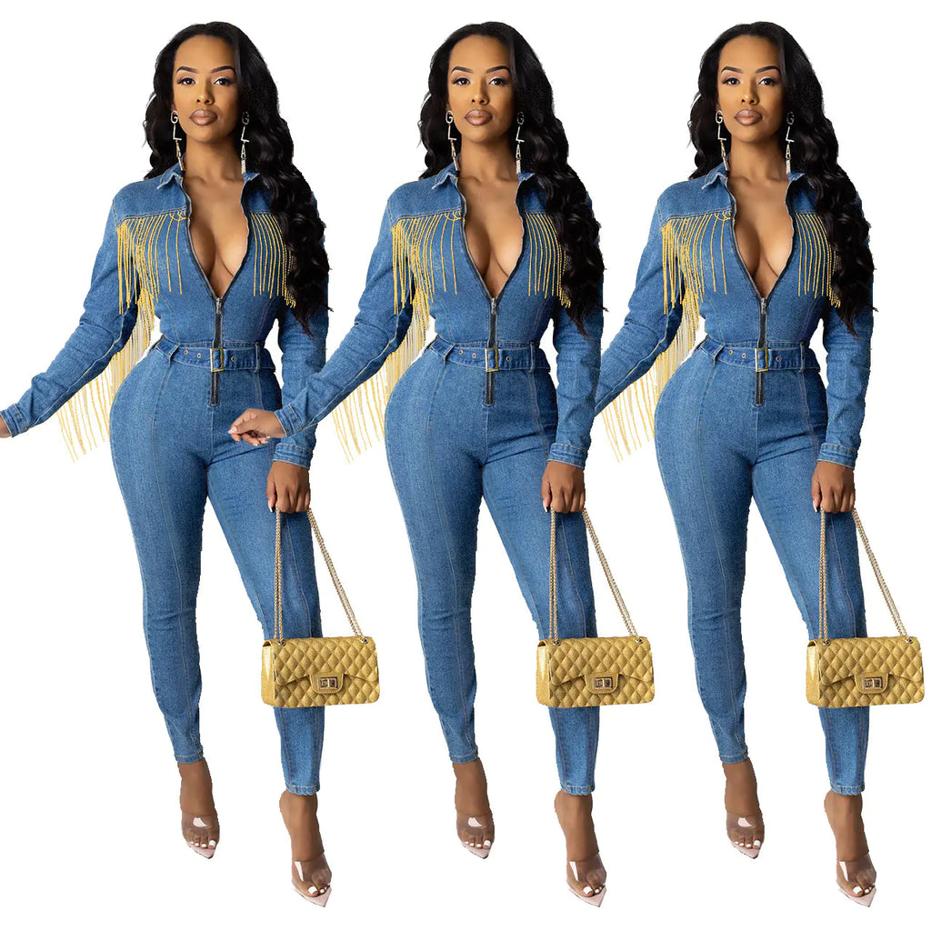 NK060 Women's Fringe Denim Jumpsuit (Popular Style)
