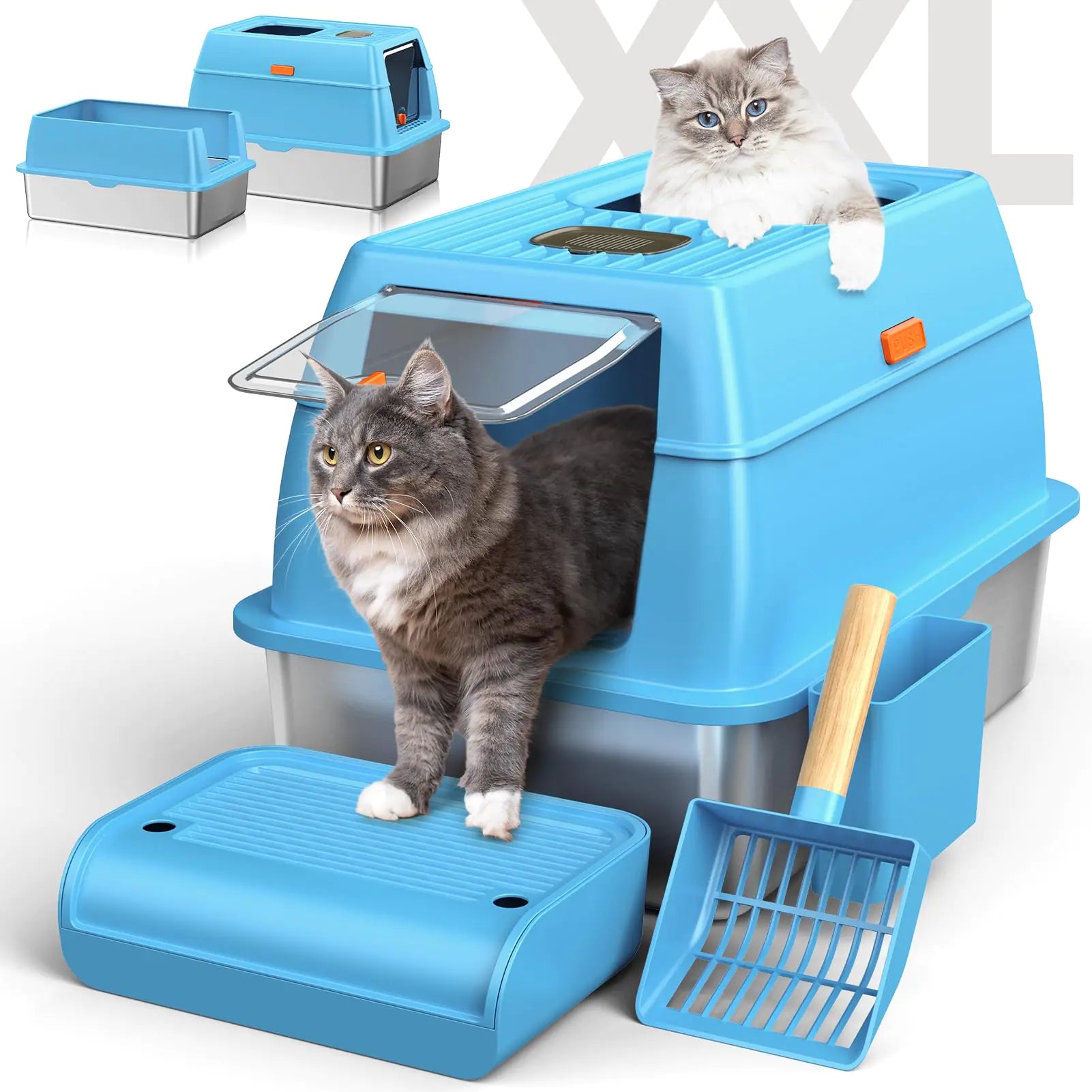 Stainless Steel Cat Litter Box with Lid & Cover 23.7" No Smell Extra Large Metal Covered Cat Litter Box for Big Cats Enclosed Removable Kitty top Entry Litter Box with Enclosure Anti-Leakage